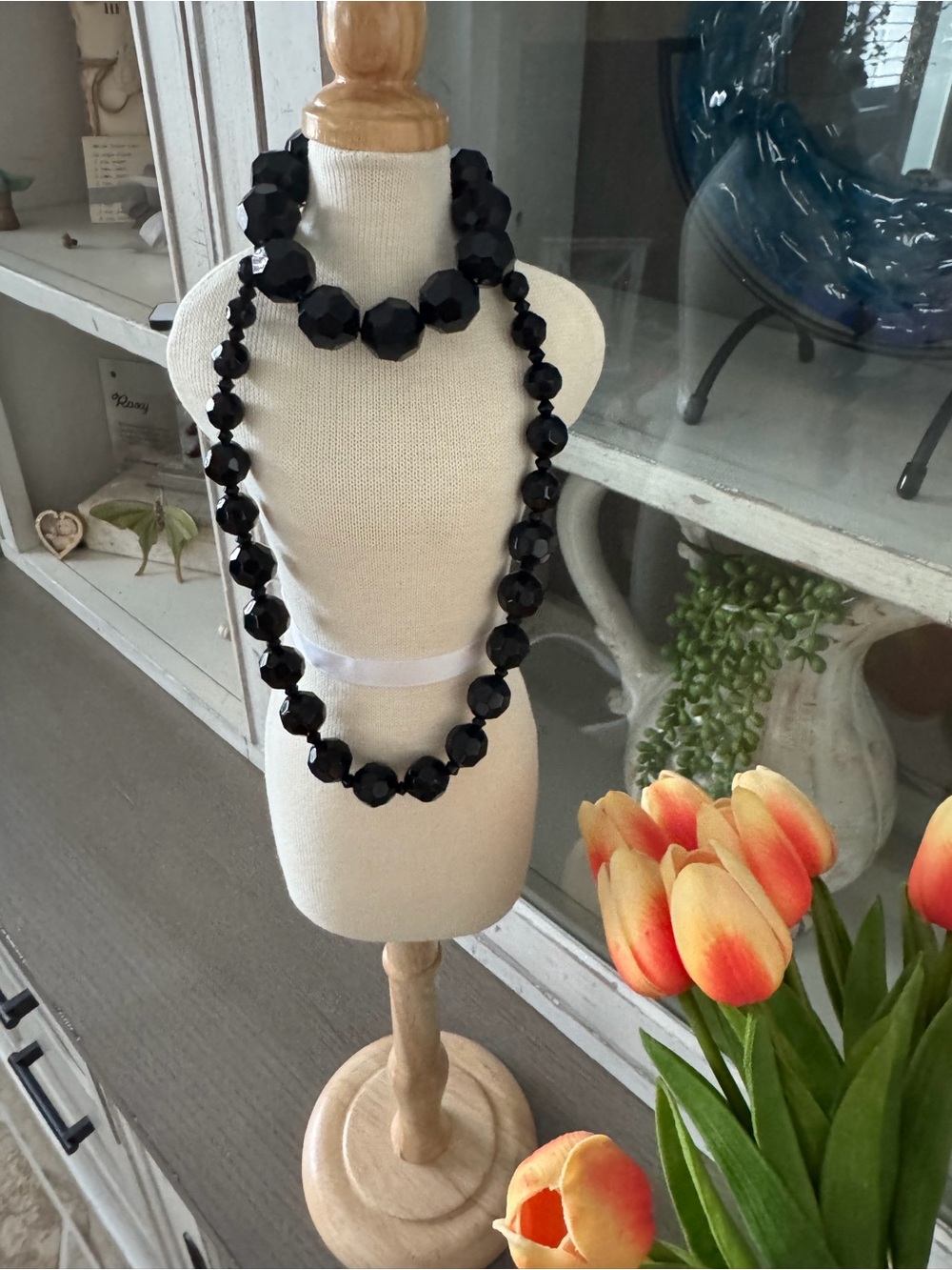Black Bead Statement Necklace, Bracelet and Earrings Set